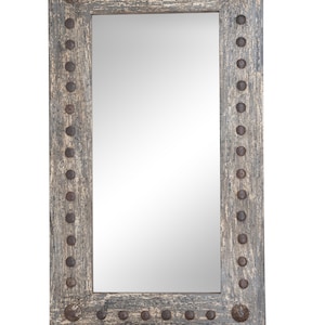 Denali Mirror-Wood-Handmade-Rustic-Distressed Gray-Accent Mirror-Wall-Clavos-Medallions-Primitive-Vanity Mirror-Industrial Loft-9 Sizes