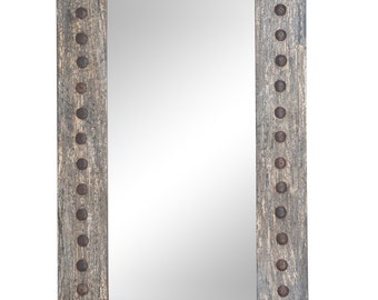 Denali Mirror-Wood-Handmade-Rustic-Distressed Gray-Accent Mirror-Wall-Clavos-Medallions-Primitive-Vanity Mirror-Industrial Loft-7 Sizes