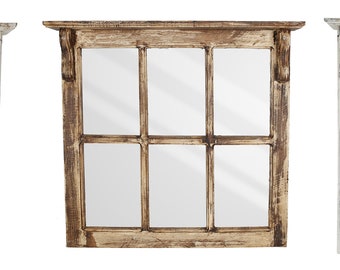 Farmhouse Wall Mirror with Shelf--Primitive-Rustic-30W x 29H x 4D-Distressed-Farmhouse-Three Colors-6 Pane Mirror
