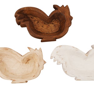 Rooster Dough Bowl-Trio Pack-Wood-Rustic-10 x 6 x 2 inches-Candle Ready-Farmhouse Rooster Bowl-NEW-Trio Pack-Rooster-9 Pieces