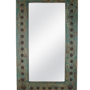 Puebla Mirror-Wood-Handmade-Rustic-Distressed Turquoise-Accent Mirror-Wall-Clavos-Medallions-Primitive-Vanity Mirror-11 Sizes-Best Seller