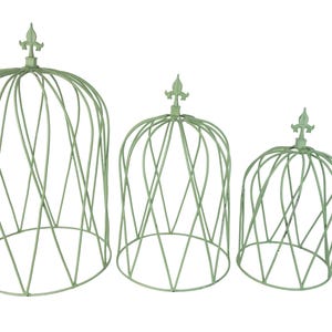 May include: Three decorative, sage green metal cloches of varying sizes. Each cloche features a rounded cage design with a fleur-de-lis finial at the top. The wire frames have a crisscross pattern, creating a vintage aesthetic.