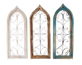 Salem Gothic Architectural  Window -Wall-Primitive-Rustic-Garden-Patio-12x31-Distressed-Farmhouse-Iron and Wood-3 Color Choices