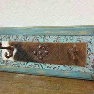 Turquoise Ranch Hat Rack II- Rustic -Wood-Mexican-Western-Cowboy-Coat Rack-Cowhide-Leather-Tooled-18x8x5