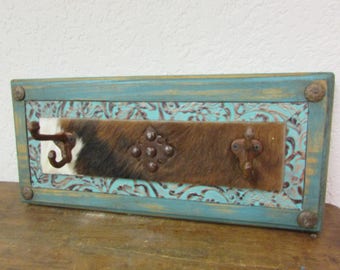 Turquoise Ranch Hat Rack II- Rustic -Wood-Western-Cowboy-Coat Rack-Cowhide-Leather-Tooled-18x5x8H inches