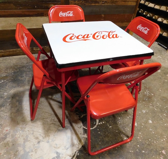 Coca Cola Complete Metal Table and 4 Foldable Chairs-porcelain