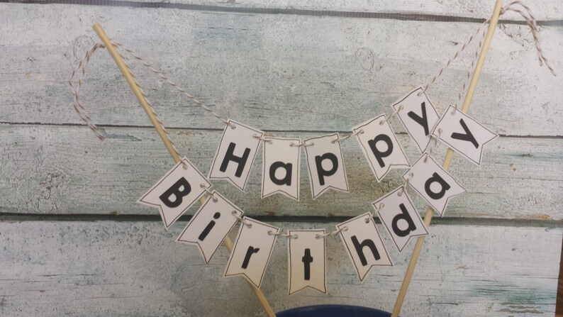 Cake Bunting, Hipster White with Black letters, Happy Birthday, Cake Topper image 2