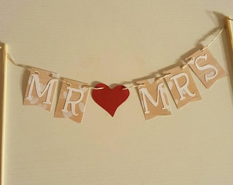 Cake Bunting, "Mr & Mrs", Wood and Hearts, Married, Wedding, Engaged, Bridal Shower, Cake Topper, Cake Banner