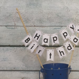 Cake Bunting, Hipster White with Black letters, Happy Birthday, Cake Topper image 1