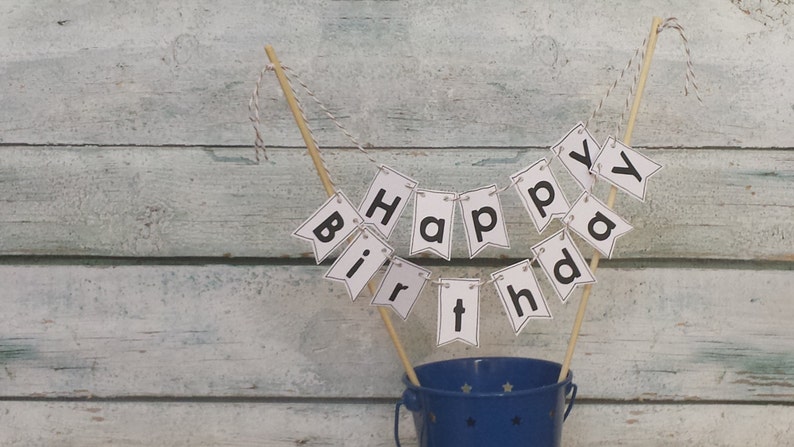 Cake Bunting, Hipster White with Black letters, Happy Birthday, Cake Topper image 1