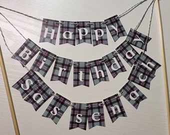 Cake Bunting, Happy Birthday Sassenach, Cake Topper, Paper banner, Outlander, Blue Tartan