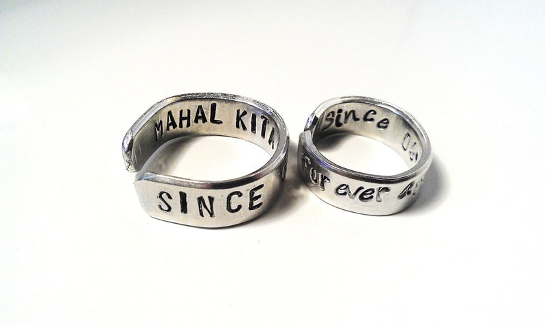 Engraved Ring His Her Metal Stamped Silver Secret Message Adjustable Custom Personalized Unisex Couples Mens Womens Promise Anniversary Gift