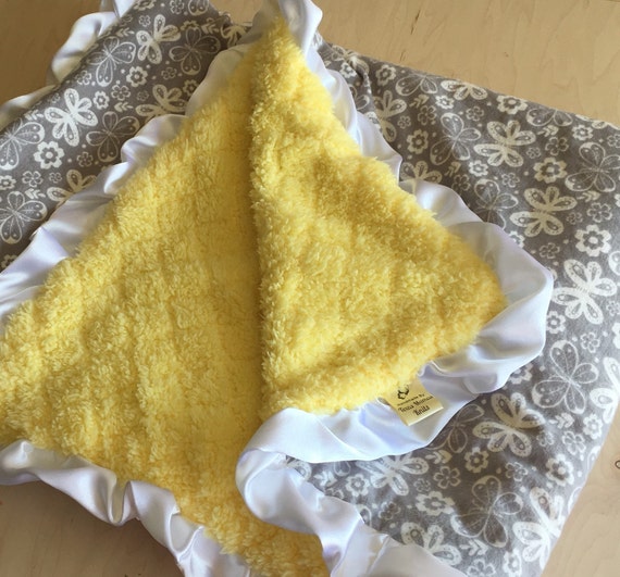 Items similar to Gray and Yellow Minky Baby Blanket, Baby Blanket with White Satin Ruffle edge