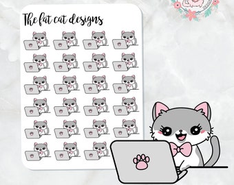 Lily works on laptop Exclusive Cat Die Cut and Sticker Sheet Set for Erin Condren Happy planner travelers notebook Bullet Journal Hobonichi