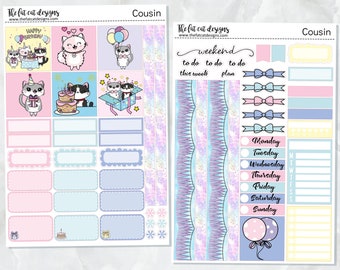 Flora's Birthday Bash Cat Wekelijkse Planner Sticker Kit voor de Hobonichi Neef