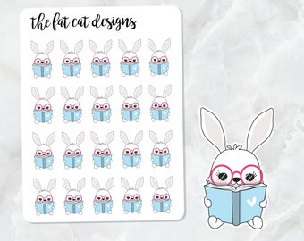 Book lover reading Bunny Die Cut and Sticker Sheet Set for personal planners, notebooks, travelers notebook or Bullet Bujo Journal