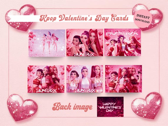 KPOP Demon Hunters Valentine's Day Cards, HUNTRIX Vday Cards for Kids, School, Friends and Family, Front/Back Printable Cards