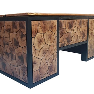 Mesquite end grain "tile" desk with bookmatched top and black lacquered wood frame