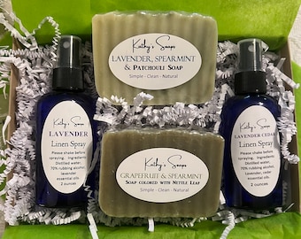 Gift Set: 2 Lavender Linen Sprays, 2 Handmade Soaps Gift Set for Hostess or Wedding