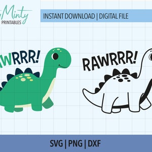 Puede incluir: Dos archivos de corte digital de un dinosaurio de dibujos animados con el texto "RAWRRR!" en blanco y negro y verde. Los archivos están disponibles en los formatos SVG, PNG y DXF.