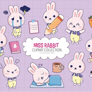 Clipart Miss Lapin | Téléchargement numérique instantané | PNG de haute qualité | Convient pour les invitations, les étiquettes, les décorations de gâteaux, les autocollants et les fournitures de rentrée.