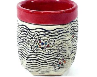 Hand Built Rainbow Fish Ceramic Tea Cup