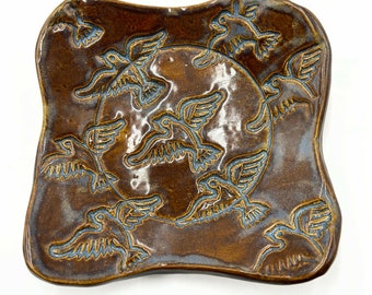 Hand Built Ceramic Flock Of Birds Plate