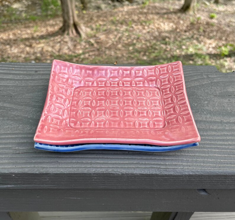 Hand Built Ceramic Textured Plates in Red and Blue Etsy