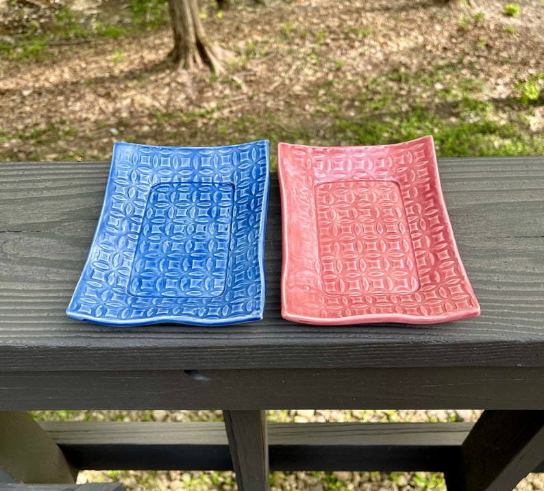 Hand Built Ceramic Textured Plates in Red and Blue Etsy