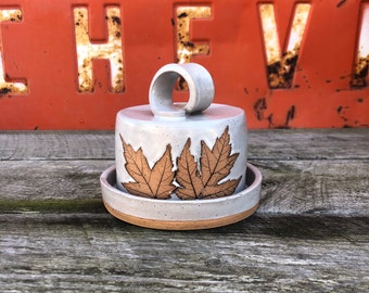 Handmade Stoneware Butter Dish, Handmade Pottery, Round Butter Dish, Maple Leaf Butter Dish