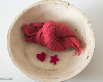 Cherry Photo Prop Layer, Felted Heart and Star Set, Felt Heart, Fringed Photo Prop Layer, Cheesecloth Wrap, Photo Prop Newborn Wrap