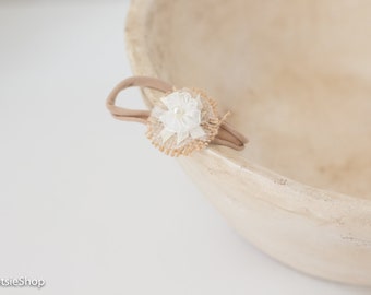 Newborn Latte Neutral Headband, Baby Headband, Newborn Headband, Skinny Nylon Headband, Flower Headband, Girl Headband