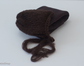 A Lovely Set of Knit Hat and Stretch Knit Jersey Wrap, Newborn Knit Bonnet, Chocolate Newborn Photo Prop Set