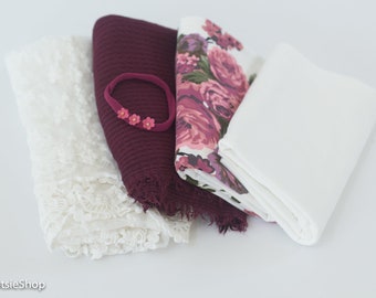 Set of Coordinating Wraps and Headband, Burgundy, Off White, Floral, Jersey Knit Wrap,  Newborn Photo, Stretch Knit Wrap, Fringed Wrap