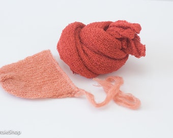 A Lovely Set of Knit Hat and Stretch Knit Wrap, Newborn Knit Bonnet, Lovely Newborn Photo Prop Set