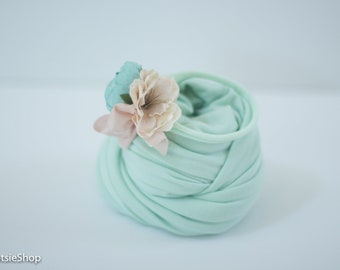 Mint Stretch Knit Jersey Wrap and Flower Headband Set, Photo Session Prop, Wrap Set, Baby Stretch Wrap Set, Floral Headband, Bow Headband