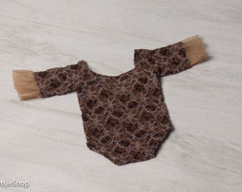 Brown Newborn Romper, Vintage Newborn Romper, Newborn Girl Romper, Photo Prop Romper, Lace Brown Baby Romper, Newborn Photo Prop Clothing