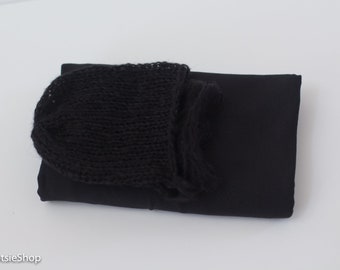 A Lovely Set of Black Knit Hat and Stretch Knit Jersey Wrap, Newborn Knit Bonnet, Lovely Black Newborn Photo Prop Set