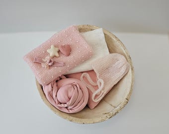 Newborn Photography Props Set, Beanbag Posing Fabric, Newborn Bonnet, Felted Heart and Star, Popcorn Layer, Knit Wrap, Newborn Headband