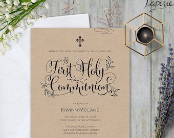 First communion invitation, first communion invite, Printable first communion, first holy communion , Invitation template, #S11-FCI