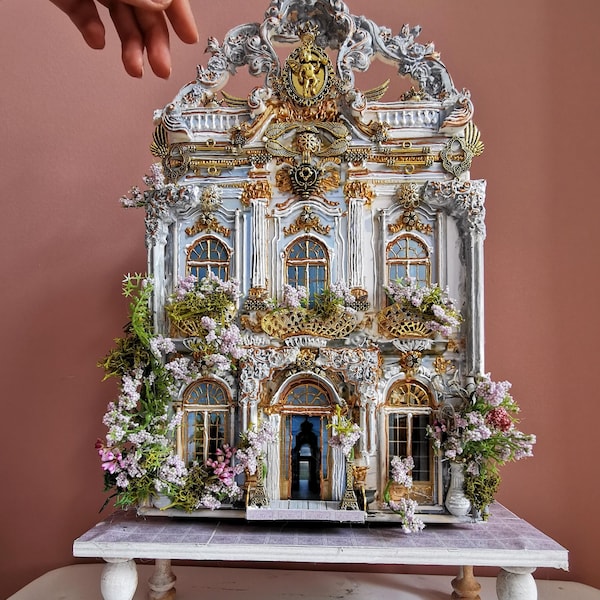 Miniaturowy drewniany domek dla lalek, miniatury domków dla lalek, lalki ręcznie robione, dom rokoko