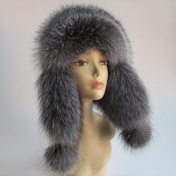 Fur Hat Ushanka Silver Fox Fur Hat Black Real Fur Beanie Fur Etsy