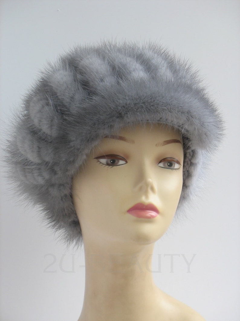 Newsboy Style Cable Knit beret Fur blue cap Mink Fur Ear ...