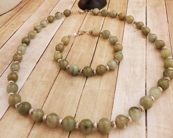 Handmade Jade Jewelry Set: Silver Plated Necklace, Bracelet & Earrings