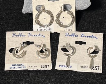 3 Pair of New Old Stock 90’s Bobbie Brooks Pierced Silvertone Hoop Earrings