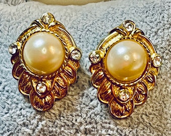 KJL for AVON Faux Pearl and Clear Rhinestone Earrings