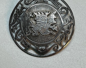 Vintage Handmade 925 Silver Carved Warrior Aztec  Pin in EUC. marked GC