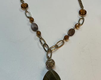 Gorgeous New with Tag Birch Hill Y Pendant Necklace! Goldtone with Brown, Green & Abalone Beads!  Y2K style, Perect for Fall!