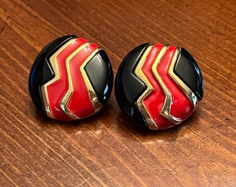 Napier Goldtone Clip Earrings: Red & Black Enamel Abstract Button Design