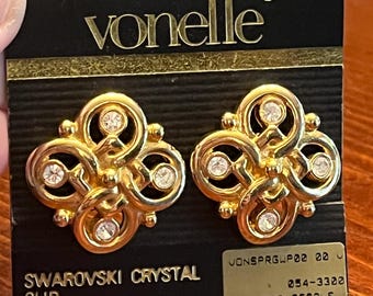 Vintage Vonelle Goldtone Clip Earrings with Swarovski Accents